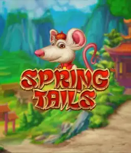 A charming illustration of a mouse dressed in traditional Chinese attire positioned in front of a vibrant landscape with mountains. The image is for the Spring Tails game by Betsoft, showcased with bold red and gold logo text.