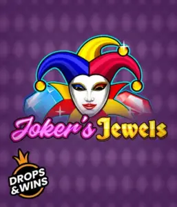 Experience the vibrant ambiance of Joker's Jewels slot by Pragmatic Play, highlighting a captivating joker's mask adorned with a brightly colored jester hat. This graphic captures the fun and excitement of traditional joker games, set against a lavender background. Great for casino game enthusiasts, promising a delightful gaming experience. 