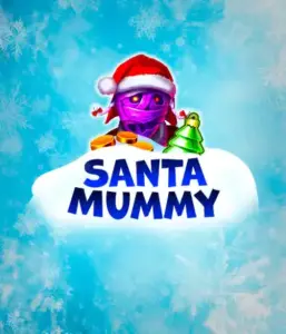  Experience the whimsical "Santa Mummy" slot game by Belatra, showcasing a mummified Santa dressed in festive holiday attire. This vibrant image portrays the mummy with a bright purple hue, wearing a Santa hat, surrounded by snowy blue with icy snowflakes. The game's title, "Santa Mummy," is clearly shown in large, cool blue letters.