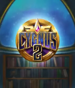 Explore the magical graphics of Cygnus 2 Slot by ELK Studios, showcasing a stunning logo with a vibrant purple and gold design. Set against a celestial library backdrop, this graphic conjures the essence of exploration and mystery. 